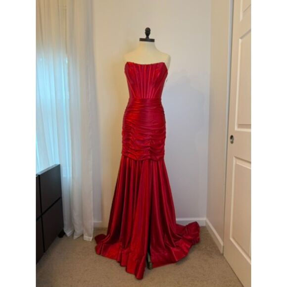 Sherri Hill Red Strapless Mermaid Gown - Picture 3 of 8